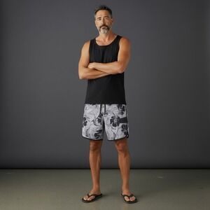 AFTCO Bluewater Mens Board Shorts Grey Black Marlin Hibiscus Print Size 32‎